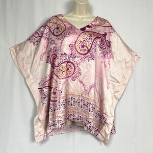 Chicos Poncho Top Small Medium Pink Satin Paisley Boho Festival Lagenlook Artsy